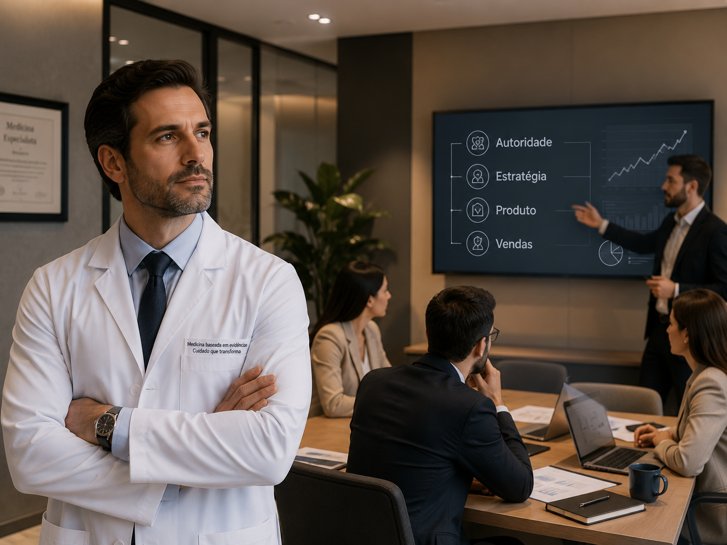 Equipe executando estratégia, produto, autoridade e vendas para o médico